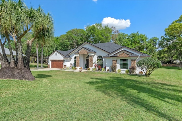 single story home with a front lawn and a garage