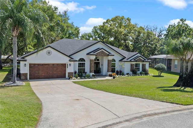 ranch-style house featuring a garage and a front yard