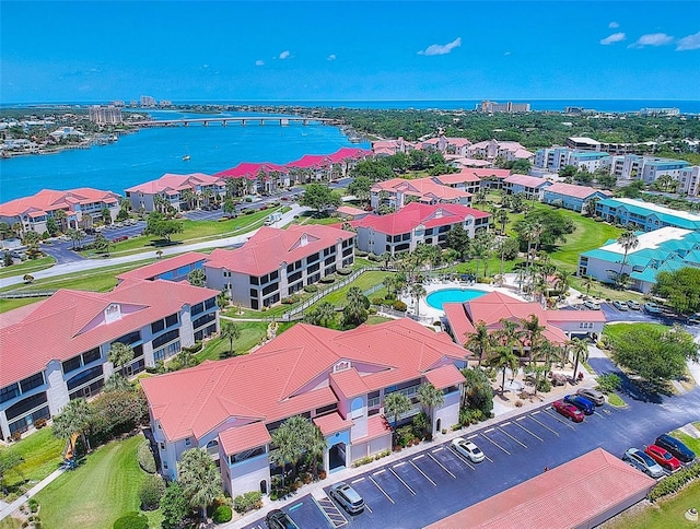 drone / aerial view featuring a water view