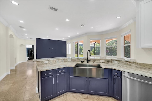 kitchen featuring light tile floors, sink, stainless steel dishwasher, crown molding, and light stone countertops