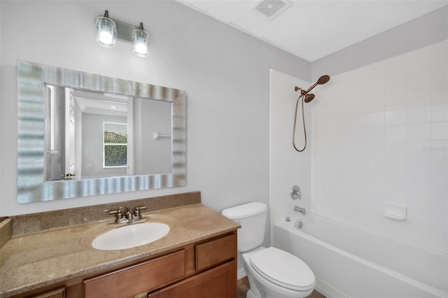 full bathroom with washtub / shower combination, vanity, and toilet