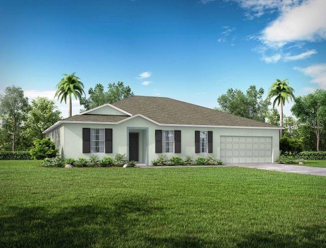 ranch-style house featuring a garage and a front lawn