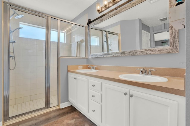 bathroom with wood-type flooring, vanity with extensive cabinet space, double sink, and a shower with shower door