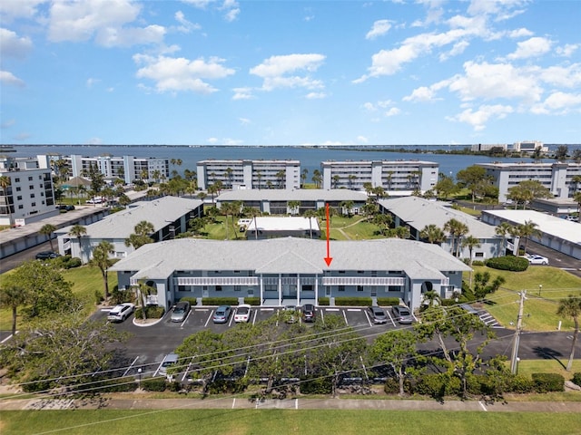 aerial view featuring a water view