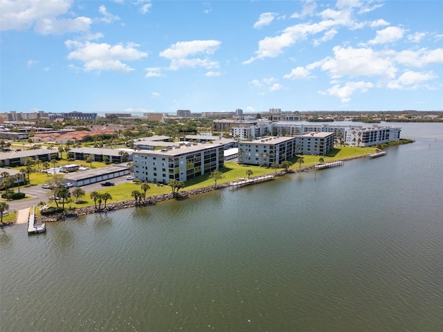 bird's eye view with a water view