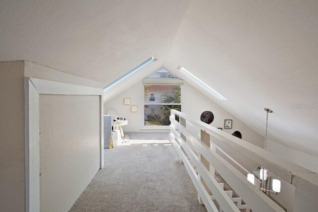 bonus room with carpet floors and vaulted ceiling with skylight