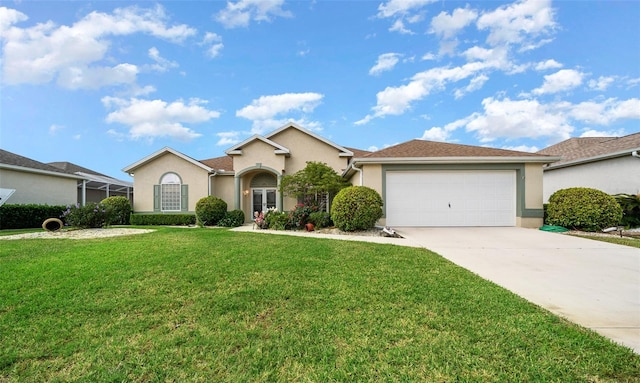 single story home featuring a front yard and a garage