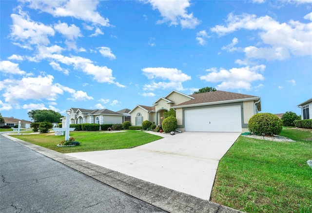 ranch-style house with a front lawn and a garage