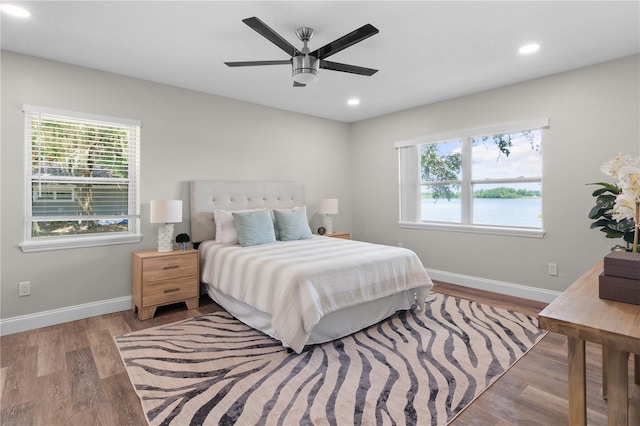 bedroom with multiple windows, baseboards, and wood finished floors