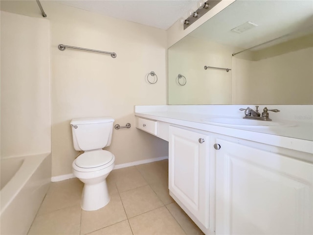 full bathroom with bathing tub / shower combination, tile patterned flooring, vanity, and toilet