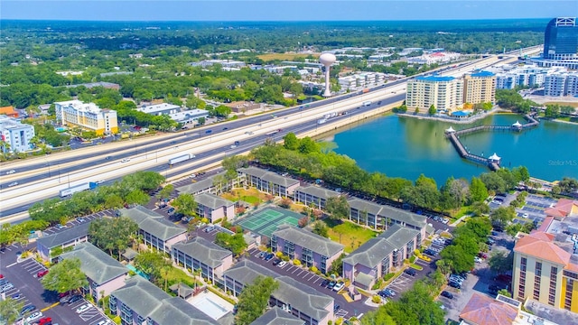 birds eye view of property featuring a water view