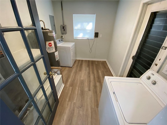 laundry room with hardwood / wood-style floors and electric water heater