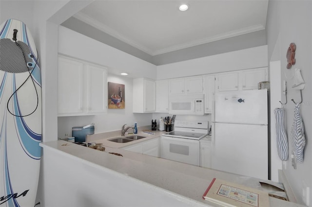 kitchen featuring white cabinets, white appliances, sink, and ornamental molding