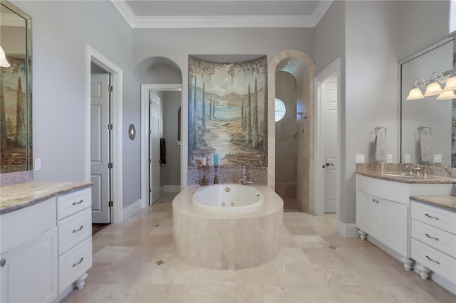 bathroom with ornamental molding, vanity, tile floors, and tiled bath