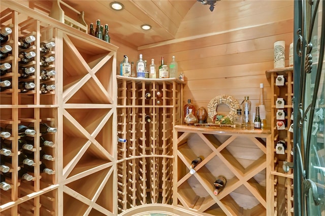 wine room featuring wood walls