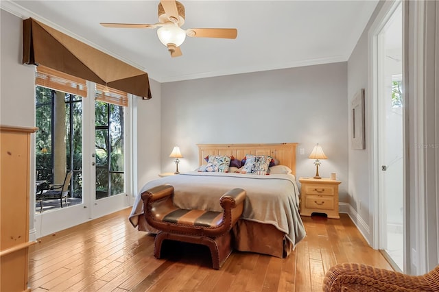 bedroom with ceiling fan, crown molding, light wood-type flooring, and access to exterior