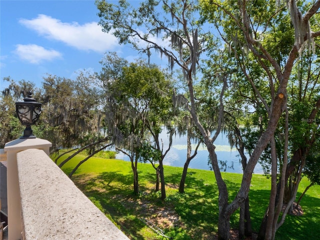 view of home's community featuring a water view and a lawn