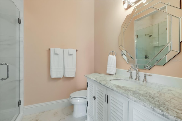 bathroom with a shower with door, toilet, tile flooring, and vanity