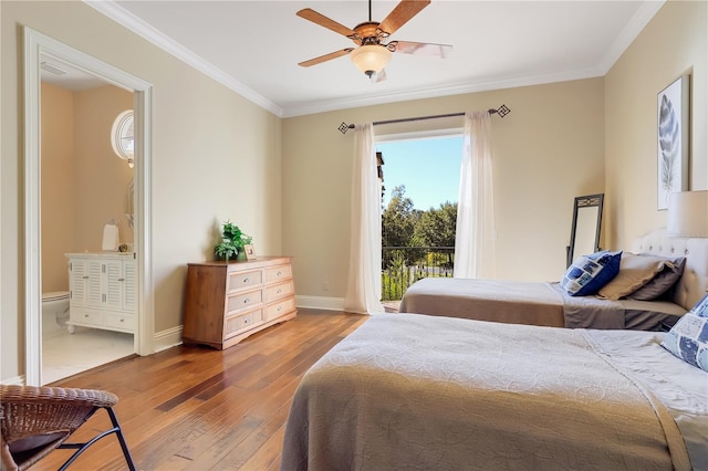 bedroom with wood-type flooring, ceiling fan, crown molding, and access to exterior