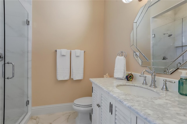 bathroom with a shower with shower door, toilet, tile floors, and vanity