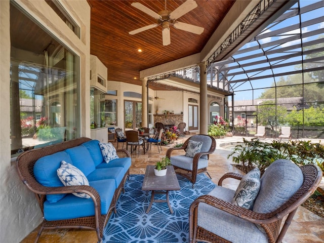 exterior space with wooden ceiling and ceiling fan