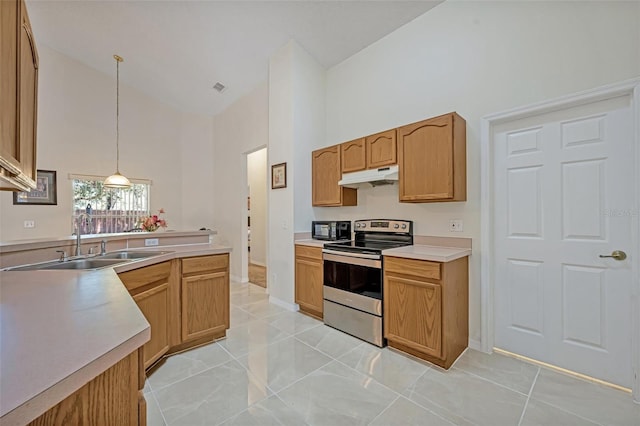 kitchen with electric range, high vaulted ceiling, sink, and decorative light fixtures