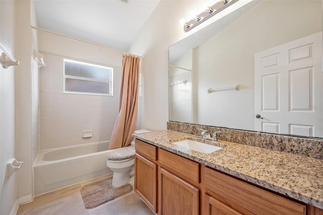 full bathroom featuring toilet, tile patterned flooring, shower / tub combo with curtain, and vanity