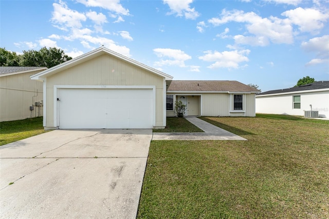 single story home with a garage, central AC, and a front yard