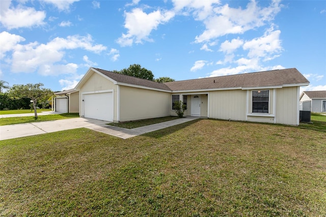 ranch-style house with a front lawn and central AC unit