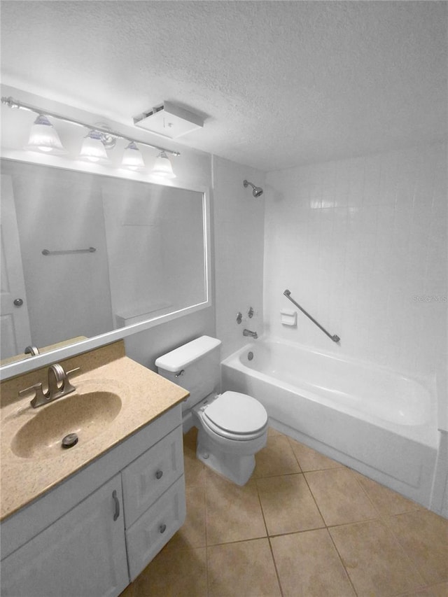 full bathroom featuring vanity with extensive cabinet space, shower / bathing tub combination, tile flooring, toilet, and a textured ceiling