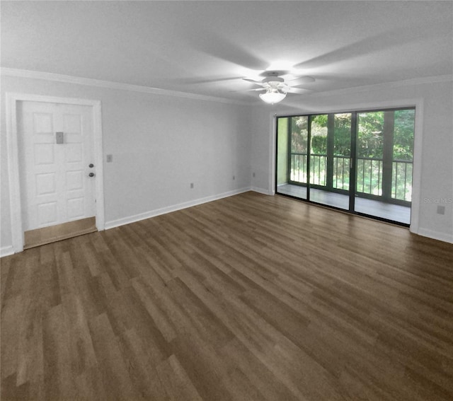 unfurnished room featuring ornamental molding, dark hardwood / wood-style flooring, and ceiling fan