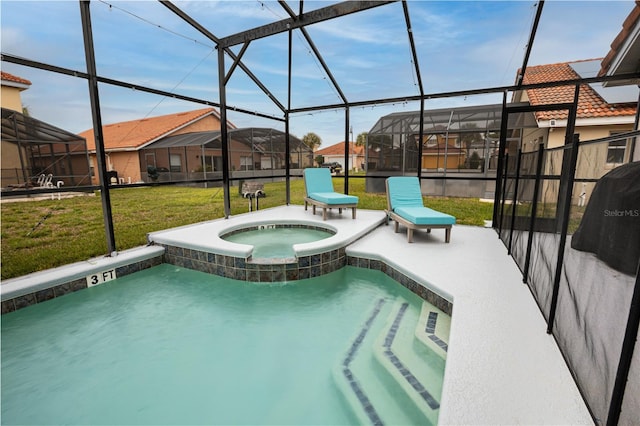 view of pool featuring a yard, glass enclosure, and an in ground hot tub