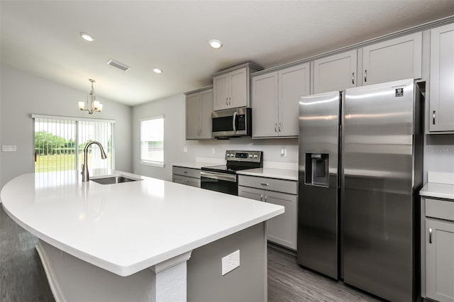 kitchen featuring appliances with stainless steel finishes, lofted ceiling, sink, and a kitchen island with sink