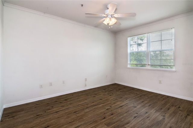 unfurnished room with dark wood-type flooring, ceiling fan, and ornamental molding