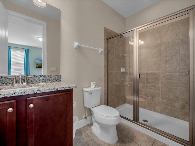 bathroom featuring an enclosed shower, toilet, tile flooring, and vanity