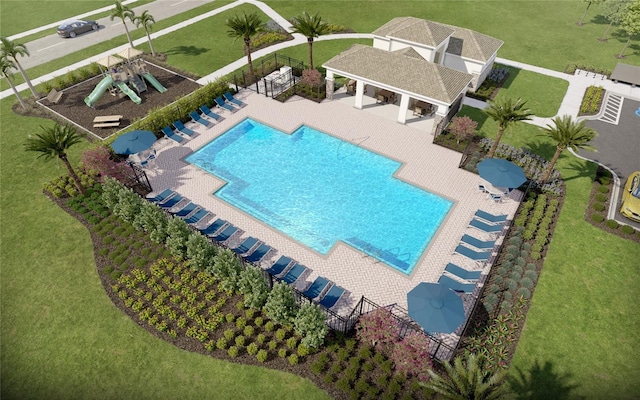 view of swimming pool featuring a gazebo and a playground