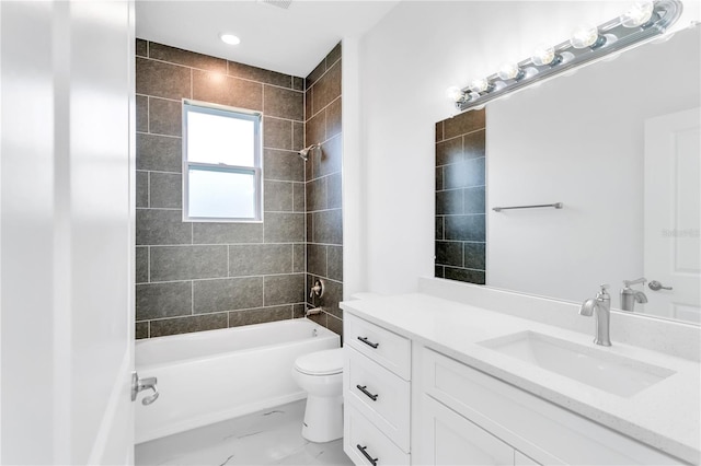 full bathroom with vanity, toilet, tiled shower / bath, and tile flooring