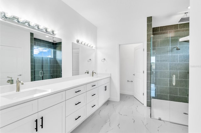 bathroom featuring a shower with shower door, tile floors, and dual vanity