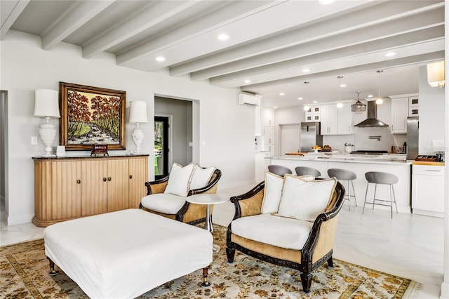 living room with a wall mounted air conditioner, beamed ceiling, and light tile floors