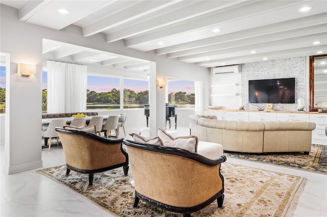 living room featuring beam ceiling, built in shelves, a wall unit AC, and light tile floors