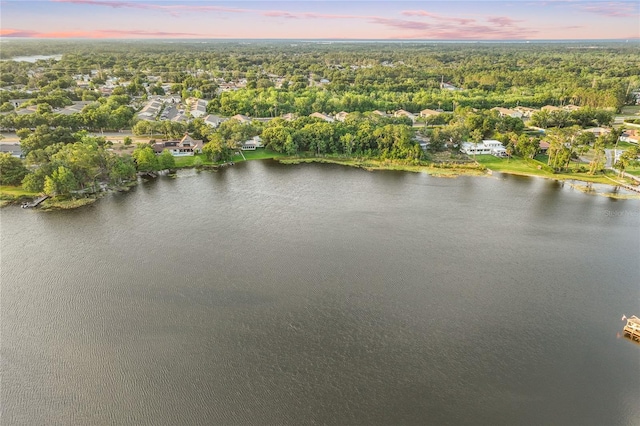 aerial view at dusk featuring a water view