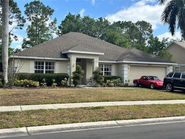 1201 Thornbury Ct, Winter Garden, FL 34787 - ranch-style home featuring roof with shingles, an attached garage, a front yard, and stucco siding