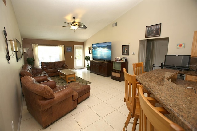 1201 Thornbury Ct, Winter Garden, FL 34787 - living room featuring light tile patterned floors, high vaulted ceiling, a ceiling fan, and visible vents