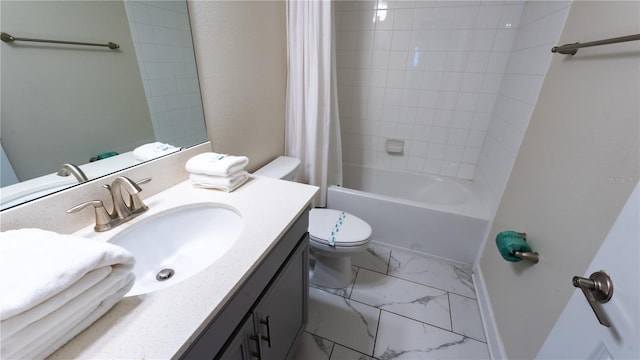 full bathroom featuring tile floors, shower / bath combo, toilet, and vanity with extensive cabinet space