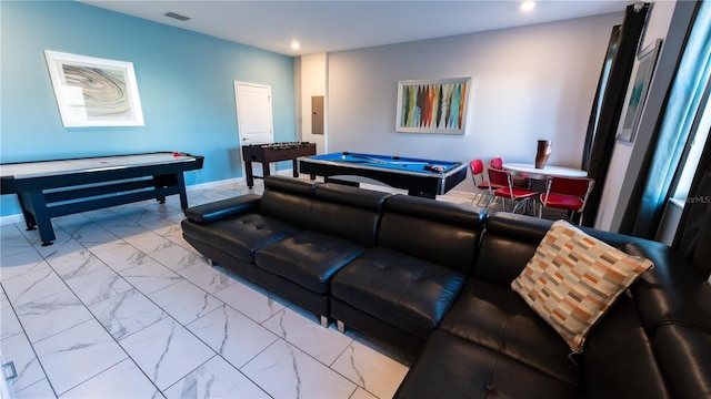 tiled living room featuring pool table