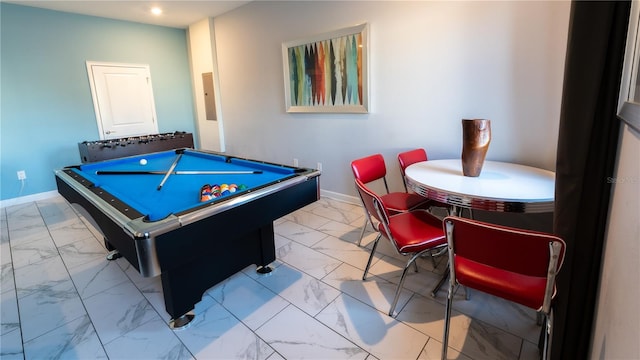 rec room with pool table and light tile floors