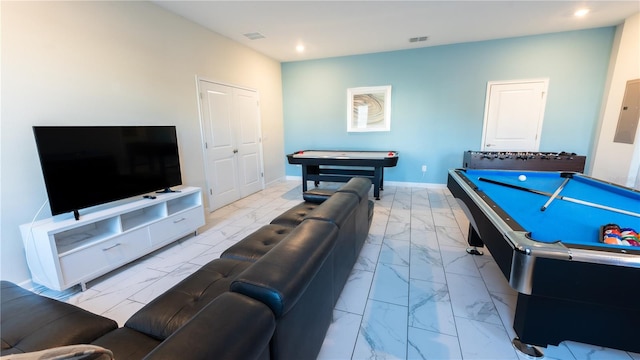 recreation room featuring billiards and light tile flooring