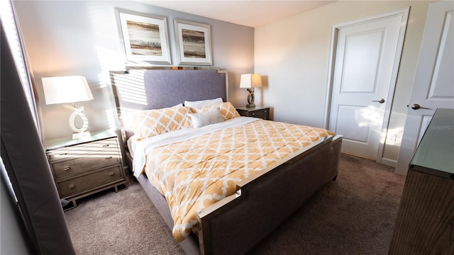 bedroom featuring dark colored carpet