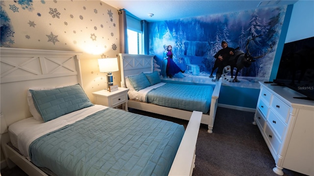 bedroom featuring dark colored carpet