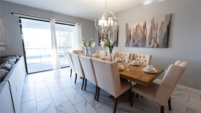 tiled dining space with an inviting chandelier